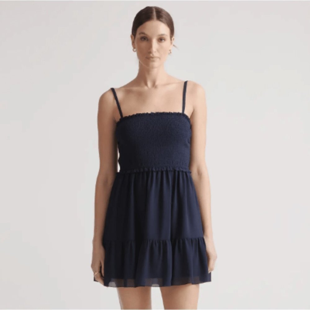 Quince Chiffon Smocked Sleeveless Mini Dress sz S Small Women's Navy Blue NWT